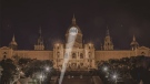 A rendering of the Bat-Signal projection on Barcelona's Museu Nacional d’Art de Catalunya. Montreal is one of the 13 cities across the globe where you can see a Bat-Signal lighting up the night sky this Batman Day.  (DC Comics)