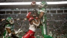 Saskatchewan Roughriders defensive back Ed Gainey (11) wrestles for the ball with Calgary Stampeders wide receiver Markeith Ambles (17) during first half CFL action in Regina on Saturday, July 6, 2019. After a disappointing 37-10 loss to Calgary Stampeders on July 6, the Saskatchewan Roughriders are hoping a bye week, followed by a good week of practice, will enable them to get back on the right track Saturday against the B.C. Lions on Saturday. THE CANADIAN PRESS/Matt Smith