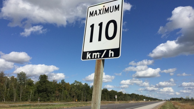 A new 110 kilometre an hour speed limit sign is seen on Highway 402 west of London, Ont. on Thursday, Sept. 26, 2019. (Bryan Bicknell / CTV London)