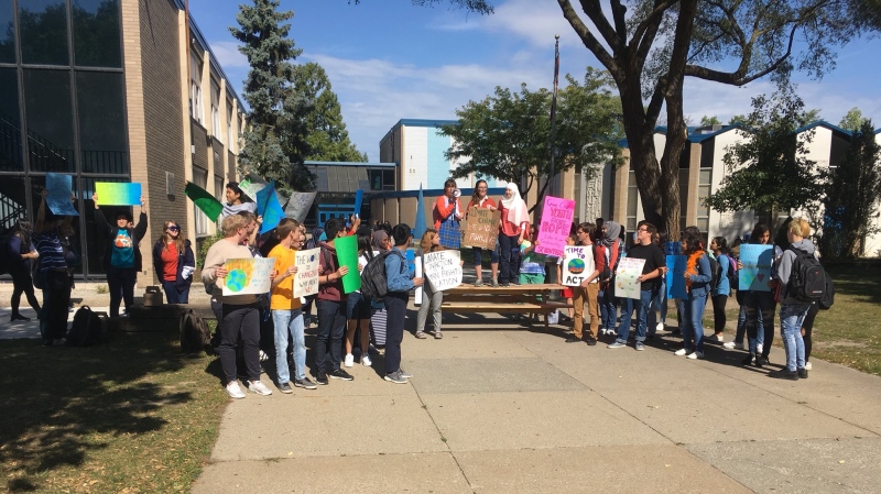 Vincent Masse Public Secondary students hold a climate change demonstration in Windsor, Ont., on Friday, Sept. 27, 2019. (Chris Campbell / CTV Windsor)