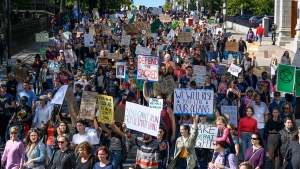 Thousands march during the climate strike in Halifax on Friday, Sept. 27, 2019. THE CANADIAN PRESS/Darren Calabrese