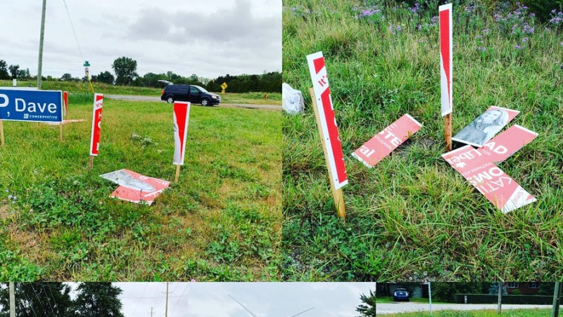 A candidate in Chatham-Kent-Leamington is reporting several damaged election signs. (Courtesy Katie Omstead / Twitter)  