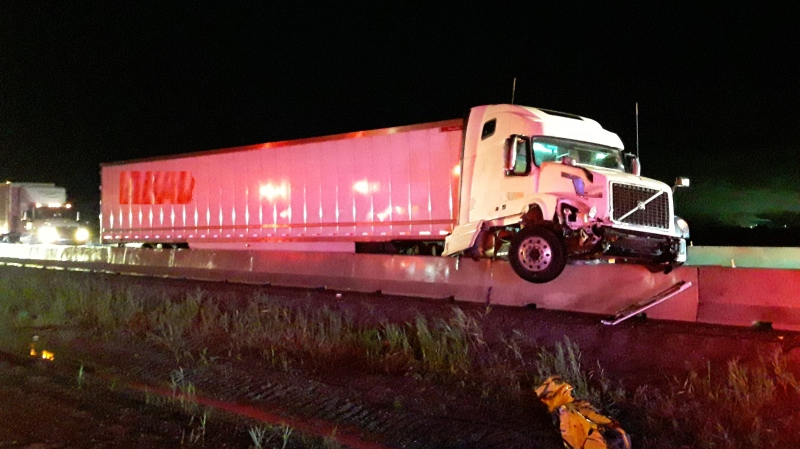 A tractor trailer crashed into the cement barrier in Chatham-Kent, Ont., on Thursday, Oct. 3, 2019. (Source: OPP)
