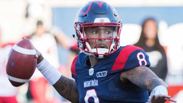 Montreal Alouettes quarterback Vernon Adams Jr. (8) throws a pass during first half CFL football action against the Calgary Stampeders in Montreal, Saturday, October 5, 2019. THE CANADIAN PRESS/Graham Hughes