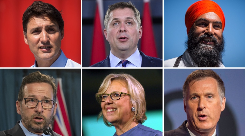 Liberal Leader Justin Trudeau, Conservative Leader Andrew Scheer, NDP Leader Jagmeet Singh, Bloc Quebecois Leader Yves-Francois Blanchet, Green Party Leader Elizabeth May, and PPC Leader Maxime Bernier are seen in this composite image. (THE CANADIAN PRESS) 