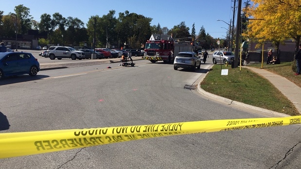 An elderly man was seriously hurt when his scooter he was riding was struck by a vehicle on Bayfield Street in Barrie on Wed., Oct. 9, 2019 (Steve Mansbridge/CTV News)