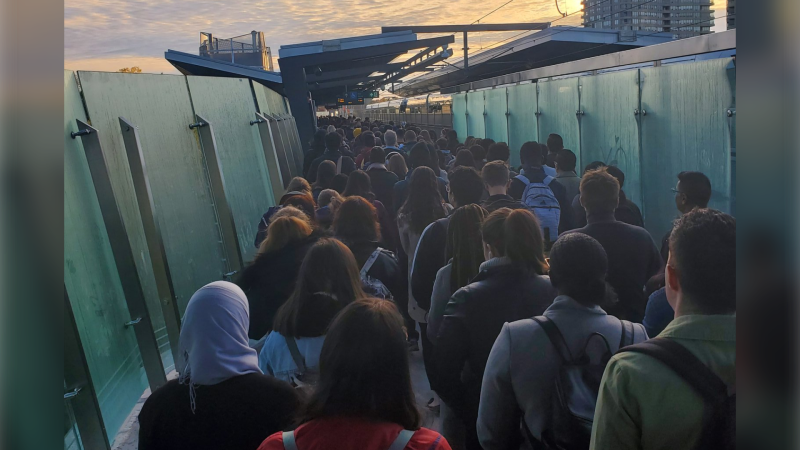 A line of people waiting to catch the LRT at Hurdman Station Thurs., Oct. 10, 2019. (Photo credit: Daniel Burnside/Twitter)