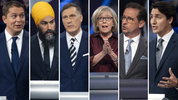 Conservative Leader Andrew Scheer, NDP Leader Jagmeet Singh, People's Party of Canada Leader Maxime Bernier, then-Green Party Leader Elizabeth May, Bloc Quebecois Leader Yves-Francois Blanchet and Liberal Party Leader Justin Trudeau are seen in this composite image from the French-language debate on Oct. 10, 2019.  (Images: The Canadian Press)