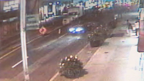 This security camera image shows a westbound black Saab convertible in the eastbound lanes of Bloor Street on the evening of Monday, Aug. 31, 2009.