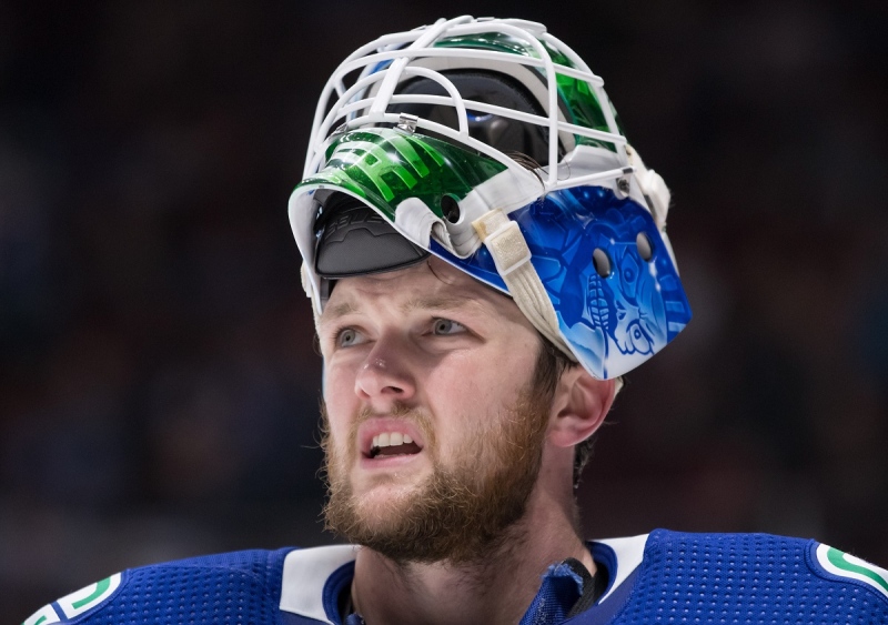 Vancouver Canucks goalie Thatcher Demko looks on during a break in play against the Ottawa Senators during the third period of a pre-season NHL hockey game in Vancouver, on Wednesday September 25, 2019. THE CANADIAN PRESS/Darryl Dyck