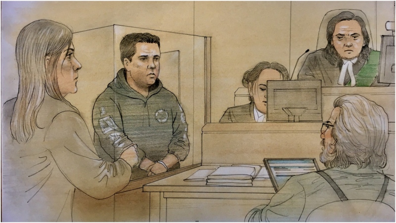 Vince Quaranto,accused of two counts of dangerous driving causing death in connection with a collision that left two people dead on Sunday, is seen here in this court sketch. (CTV News Toronto/John Mantha)
