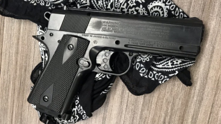 A replica handgun seized during a school lockdown in Stratford, Ont. on Thursday, Oct. 17, 2019 is seen in this image released by Stratford police.