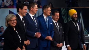Federal party leaders Green Party leader Elizabeth May, Liberal leader Justin Trudeau, Conservative leader Andrew Scheer, People's Party of Canada leader Maxime Bernier, Bloc Quebecois leader Yves-Francois Blanchet and NDP leader Jagmeet Singh pose for a photograph before the Federal leaders debate in Gatineau, Que. on Monday, October 7, 2019. THE CANADIAN PRESS/Sean Kilpatrick