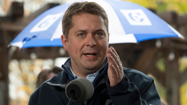 Conservative leader Andrew Scheer responds to a question as he makes a campaign stop in Fredericton, Friday, October 18, 2019. (THE CANADIAN PRESS / Adrian Wyld)