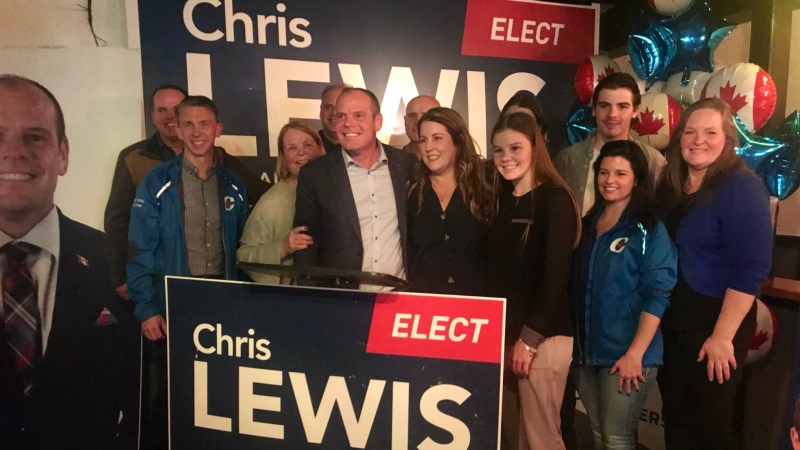 Conservative Chris Lewis gives his victory speech in Essex, Ont., on Monday, Oct., 21, 2019. (Rich Garton / CTV Windsor)