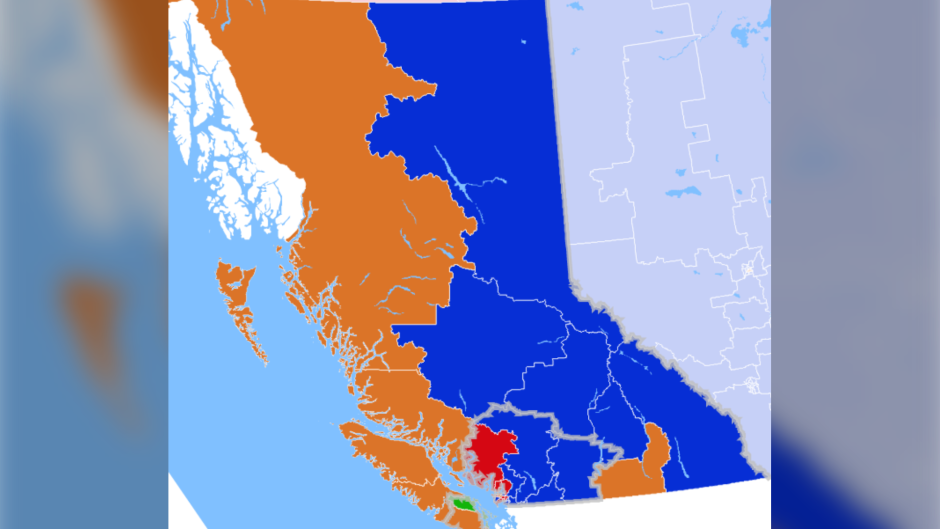 A still image from CTVNews.ca's live results map shows the initial results in B.C.