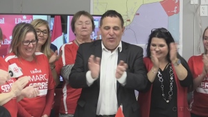 WATCH: Nickel Belt MP-elect Marc Serré makes victory speech in front of supporters after winning re-election. (Lyndsay Aelick/CTV Northern Ontario)