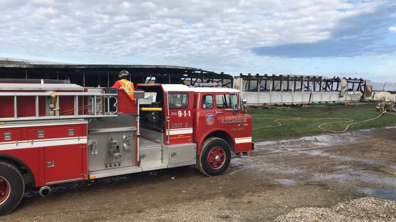 Damage following an overnight barn fire is seen near Kincardine, Ont. on Tuesday, Oct. 22, 2019. (Kincardine Fire / Twitter)