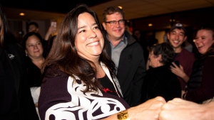Independent candidate Jody Wilson-Raybould celebrates her election win in Vancouver, B.C. on Monday, October 21, 2019. The former Liberal MP was re-elected as an independent candidate. THE CANADIAN PRESS/Jimmy Jeong