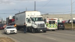 A semi and a cab were involved in a crash on Oct. 24, 2019. (Brandon Lynch/CTV News Edmonton)