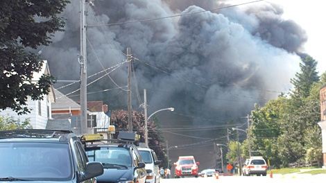 Another view of the massive plumes of smoke being generated by the fire at the Chapman's Ice Cream plant in Markdale, Ont. on Friday, Sept. 4, 2009. (Nancy Watanabe / special to ctvtoronto.ca)
