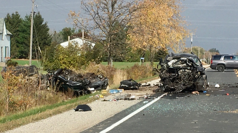 Police block the scene of a crash on Imperial Road north of Aylmer, Ont. on Tuesday, Oct. 29, 2019. (Jim Knight / CTV London)