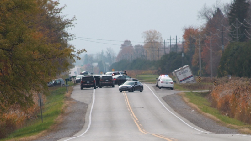 OPP work at the scene of a fatal crash on Elginfield Road south of Lucan, Ont. on Tuesday, Oct. 29, 2019. (Gerry Dewan / CTV London)