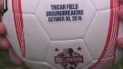 A ball dropped at the ground-breaking for the new turf Tricar Field in London, Ont. on Wednesday, Oct. 30, 2019. (Brent Lale / CTV London)