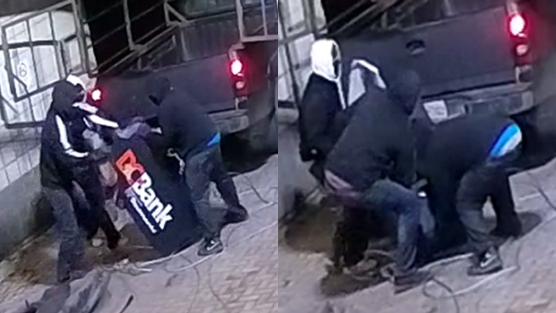 Images from surveillance videos show an ATM theft from the Gemini Sportsplex in Strathroy, Ont. on Wednesday, Oct. 20, 2019. (Source: Strathroy-Caradoc Police Service)