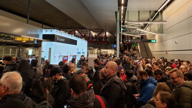 A door issue and a switch problem on the Confederation LRT line caused delays for some commuters to begin the morning rush hour Friday. (Courtesy: Mano Buckshi/Twitter)
