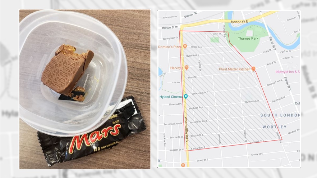 Candy bar with razor and map of Wortley area 