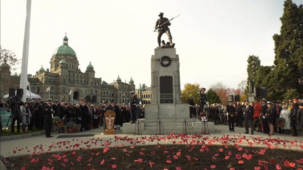 Victoria's 2019 Remembrance Day ceremony included speeches and a parade to mark the 100th anniversary of Remembrance Day in Canada. 