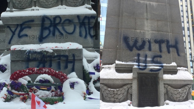 City officials remove vandalism on cenotaph outside Old City Hall