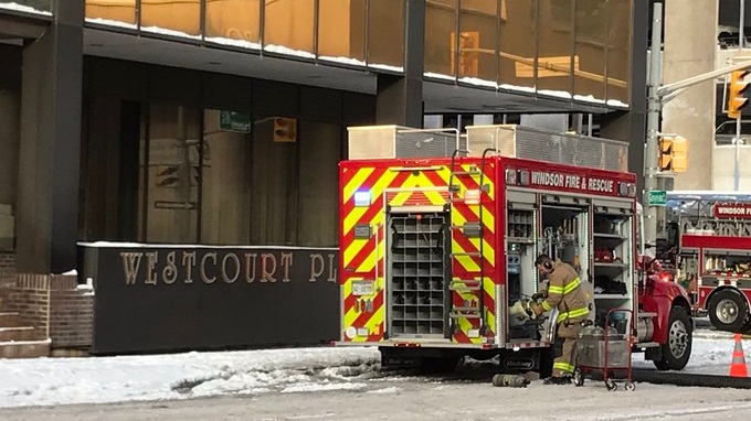 Crews were called to the fire at Westcourt Place at Goyeau Street and Chatham Street East on Tuesday, Nov. 12, 2019. (Michelle Maluske / TV Windsor)