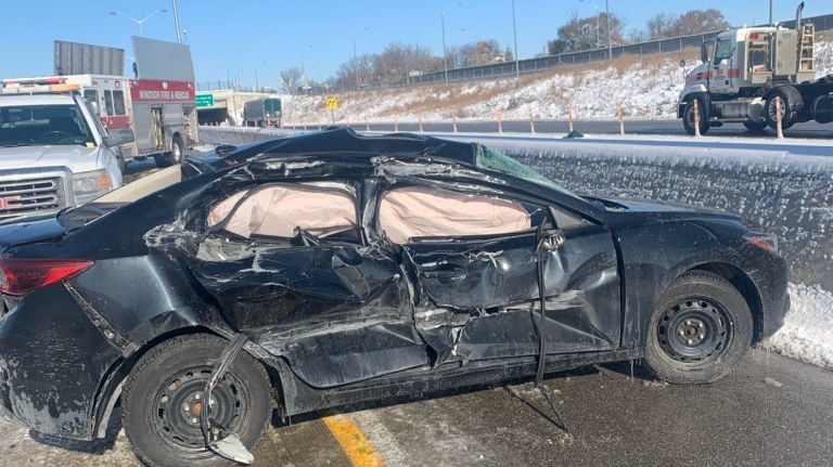 Essex County OPP responded to the multi-vehicle collision on Highway 401 at the merge lane from Highway 3 in Windsor, on Tuesday, Nov.12, 2019. (Courtesy OPP)