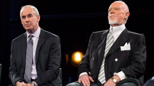 Ron MacLean (left) sits with Don Cherry as Rogers TV unveils their team for the station's NHL coverage in Toronto on Monday, March 10, 2014. THE CANADIAN PRESS/Chris Young