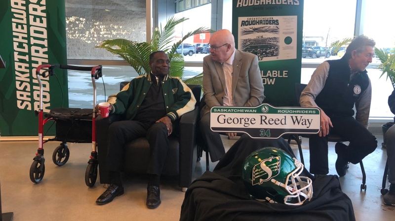 The street in front of Mosaic Stadium has been named George Reed Way (Claire Hanna / CTV News Regina)