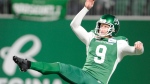 Saskatchewan Roughriders punter Jon Ryan follows through on a punt during second half CFL action against the Winnipeg Blue Bombers, in Regina on Saturday, Oct. 5, 2019. THE CANADIAN PRESS/Mark Taylor