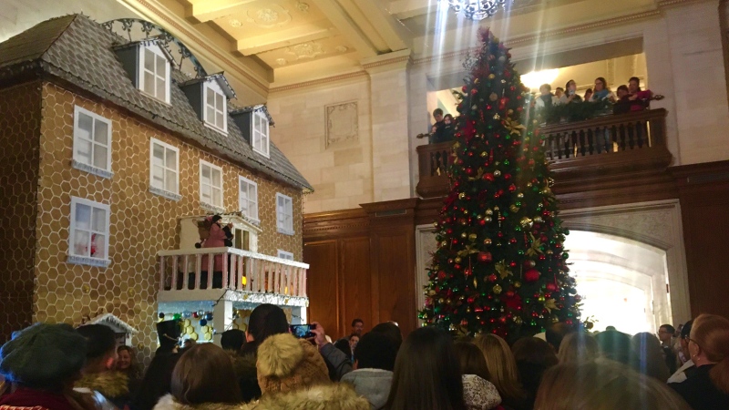 The two-storey, 20-foot-high gingerbread house was unveiled to the public at Edmonton's Fairmont Hotel Macdonald on Friday, Nov. 15, 2019. (CTV News Edmonton)