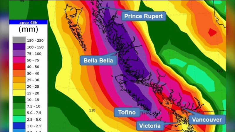 Rainfall totals projected by Environment Canada for Saturday and Sunday. (@ECCCWeatherBC/Twitter)