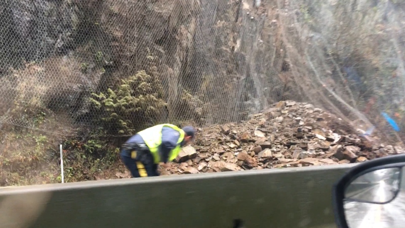 Highway crews on Vancouver Island are working to reopen Highway 1 near Goldstream Provincial Park after a rockslide Sunday morning. (Amber Schinkel/CTV)