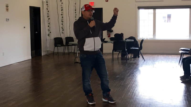 Former NHL player Theoren Fleury speaks to youth on the Pasqua First Nation on Nov. 19, 2019. (Creeson Agecoutay/CTV News Regina)
