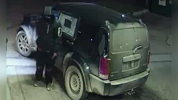 This image from surveillance video shows a suspect sought in an armed robbery in Mount Brydges, Ont. on Monday, Nov. 25, 2019. (Source: Strathroy-Caradoc Police Service)