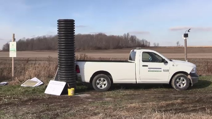 The Upper Thames River Authority launches a new pilot project using 'slag' to improve water quality near Lucan, Ont. on Tuesday, Nov. 26, 2019. (Gerry Dewan / CTV London)