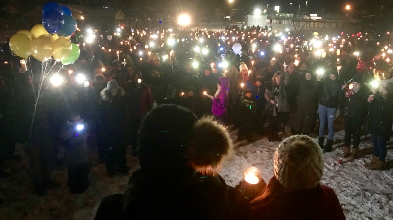 A vigil to remember Jesse McPhee and Ares Starrett was held in RCMP Park Wednesday night. Nov. 27, 2019 (CTV News Edmonton)