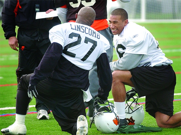 Josh Boden, seen on right, played as a wide receiver for the B.C. Lions during the 2006-07 CFL seasons. (Surrey Leader)
