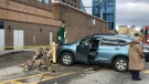 A three-vehicle crash sent one SUV into a brick wall at Westmount Mall on Friday, Dec. 6, 2019. (Sean Irvine / CTV London)
