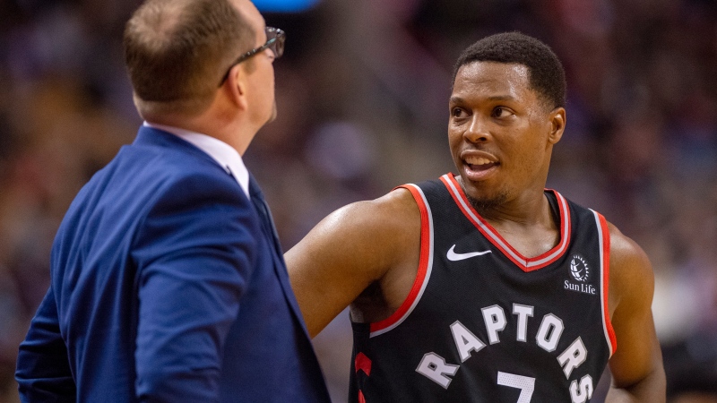 Toronto Raptors' Kyle Lowry (7) talks with head coach Nick Nurse during first half NBA action against the Detroit Pistons in Toronto on Wednesday October 30, 2019. THE CANADIAN PRESS/Frank Gunn
