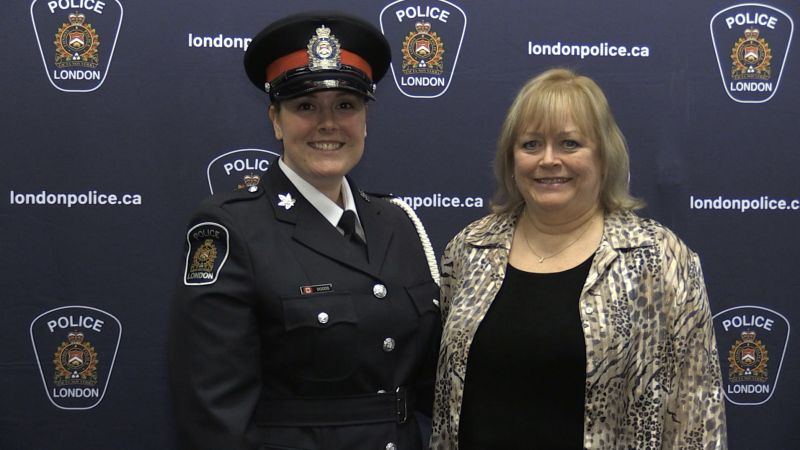 Const. Jessica Dodds, left, and her mother Deb Dodds, at a swearing-in ceremony at the London Police Service headquarters on Friday, Dec. 13, 2019. (Jim Knight / CTV News London)