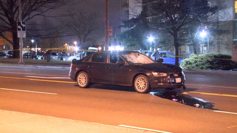 A vehicle that struck a pedestrian on Lawrence Avenue near McCowan Road early Sunday morning is shown. The pedestrian died while en route to hospital.